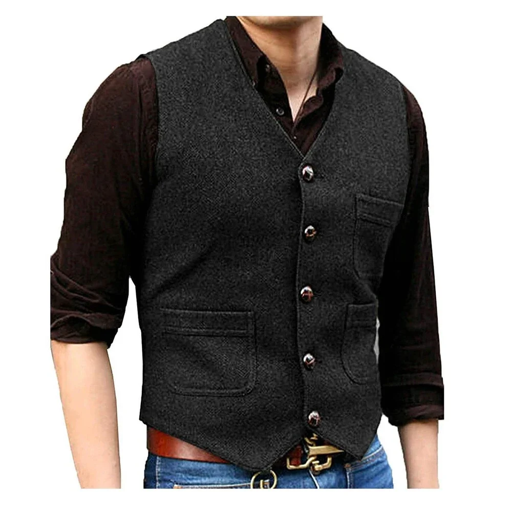 SOLOVEDRESS Men's Vintage Tweed Suit Vest V Neck Casual Wool Waistcoat XL
